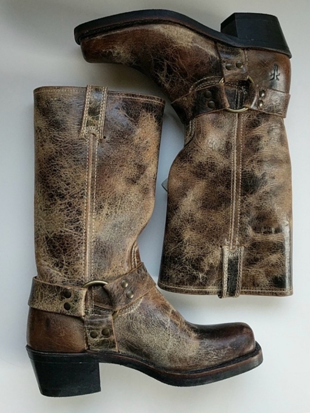 Frye Harness Boots in Distressed Brown Leather - Picture 2 of 4